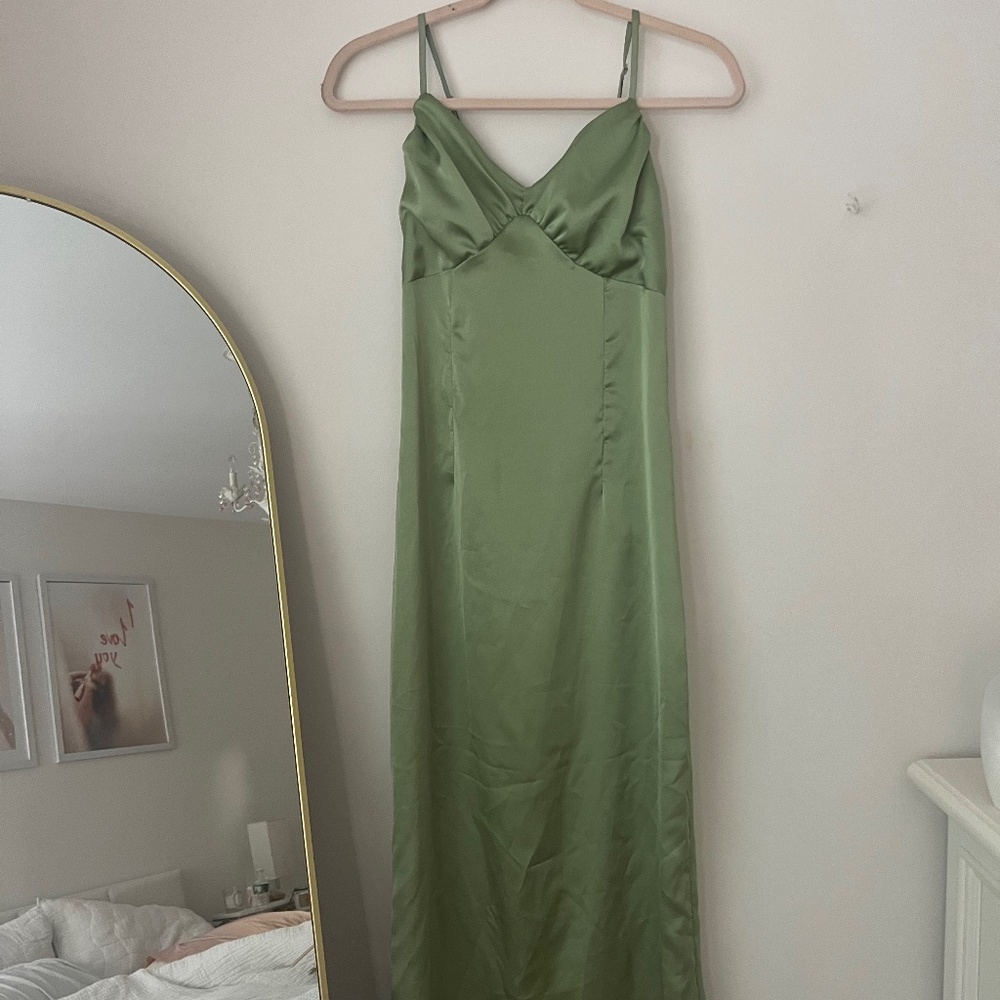PRETTY LITTLE THING Green Satin Maxi Dress -Size 4